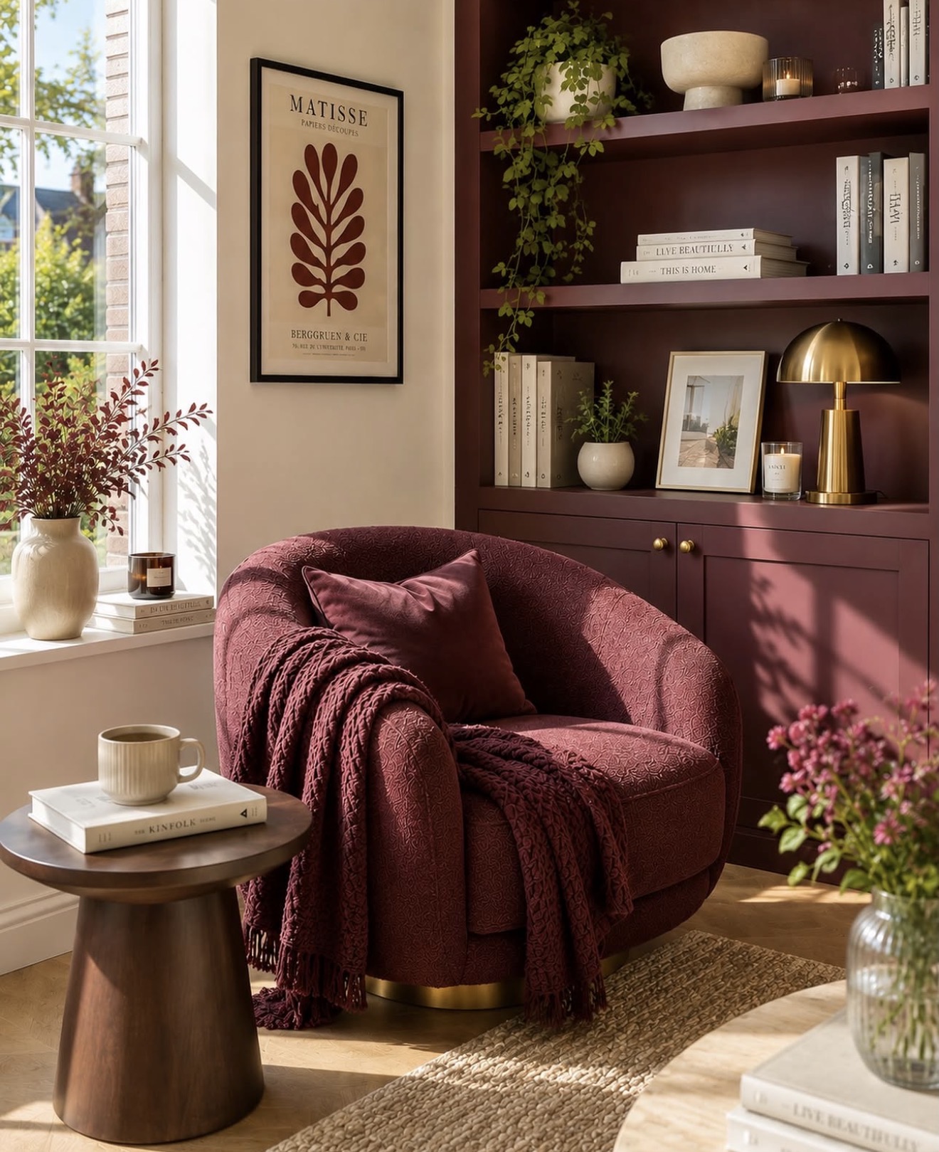 Cozy Plum Armchair Fall Reading Nook
