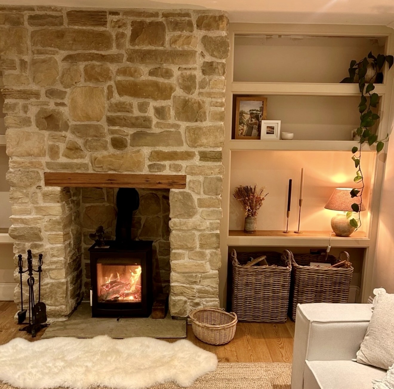 Cozy Stone Fireplace With Built-In Shelving