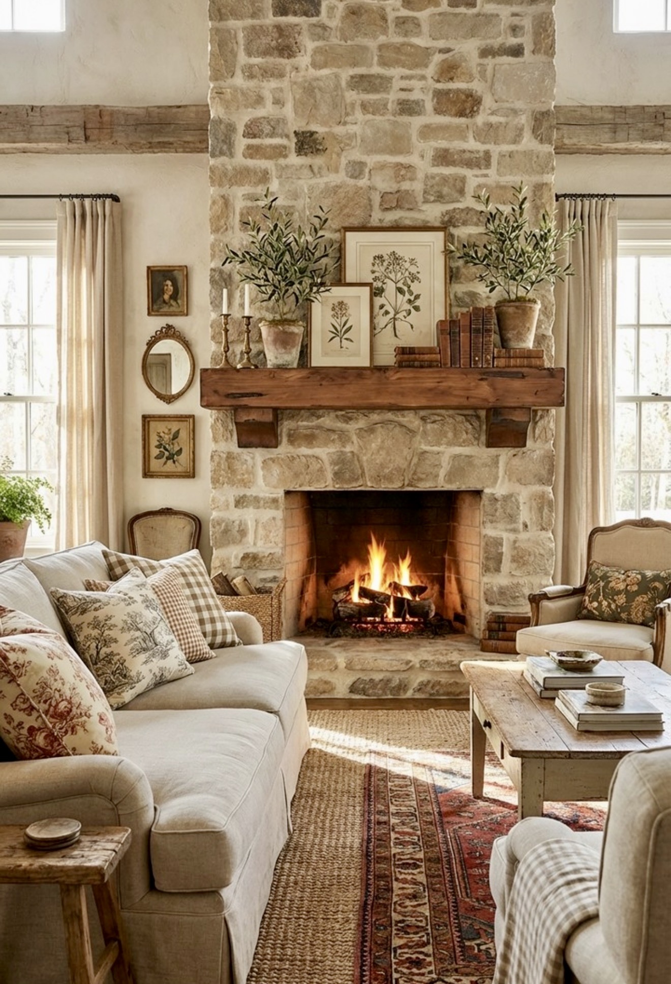 Cozy Stone Fireplace with Rustic Farmhouse Charm