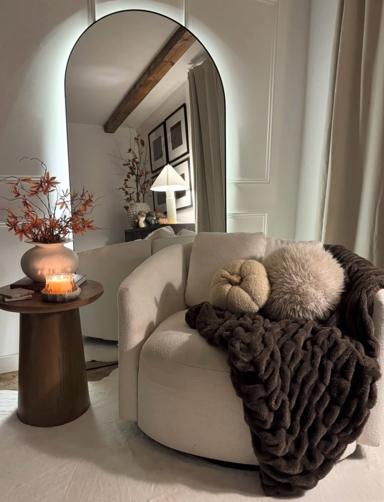 Cozy White Boucle Armchair Fall Reading Nook