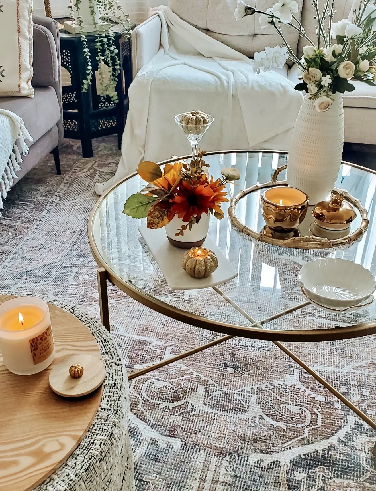 Elegant Gold And Neutral Fall Coffee Table Styling