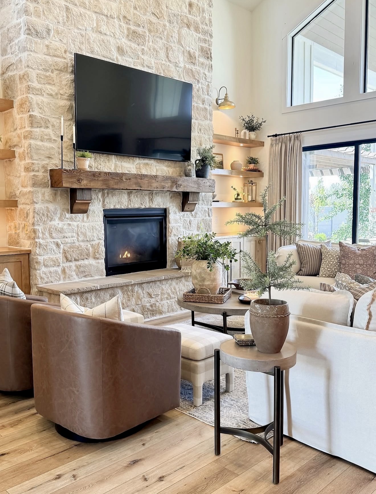 Light Stacked Stone Fireplace With Timber Mantle