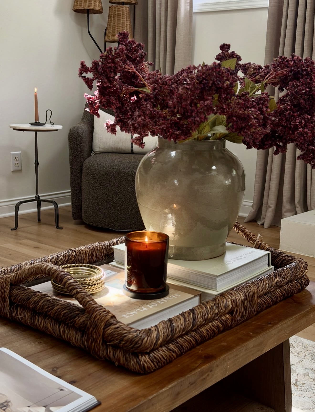 Moody Dried Floral Autumn Coffee Table Vignette