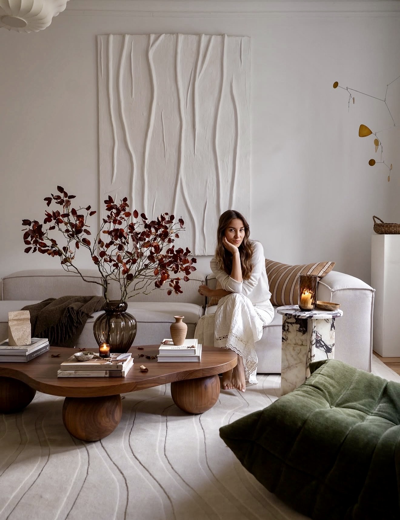 Organic Modern Living Room With Autumnal Foliage Accents