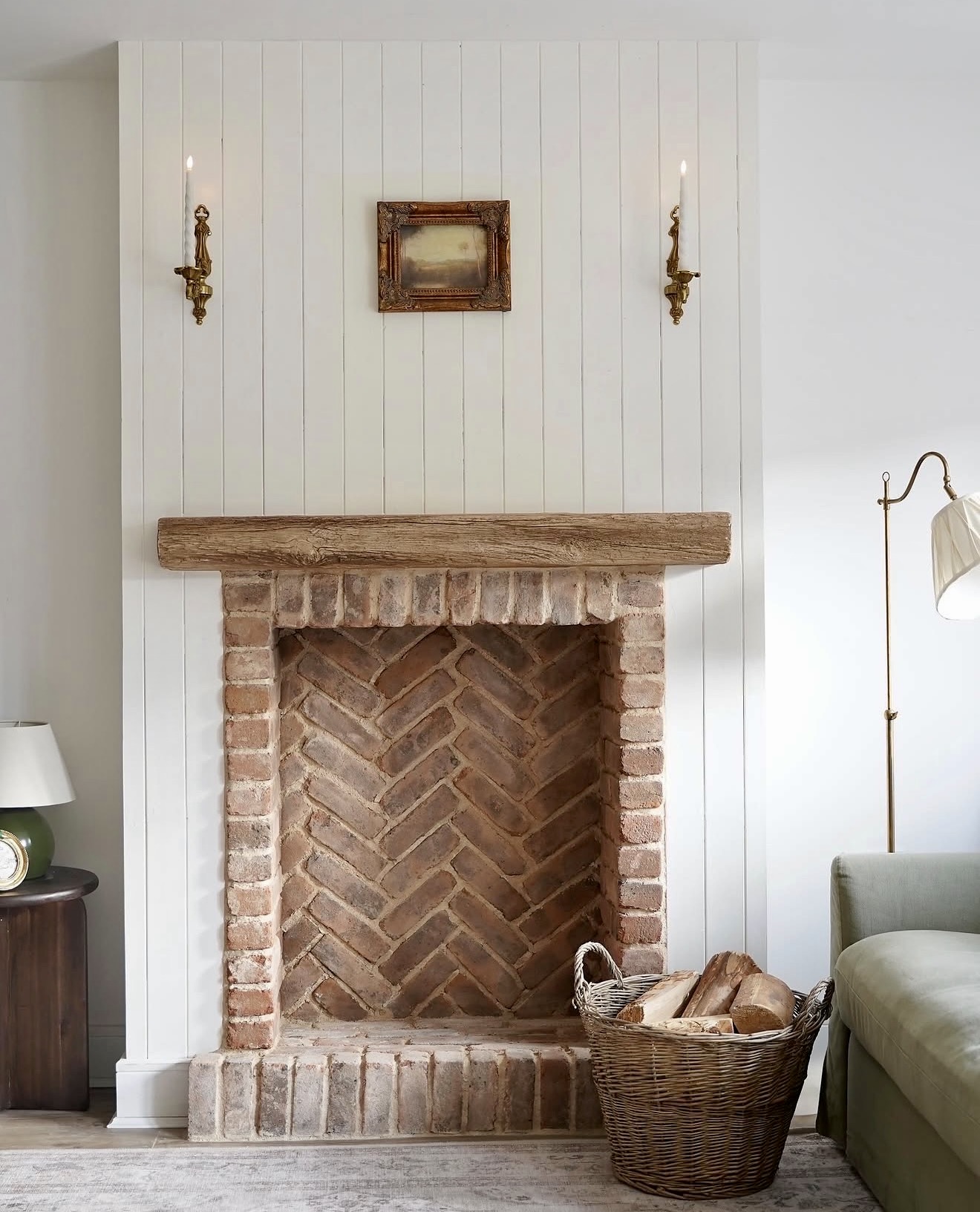 Rustic Brick Fireplace With Natural Wood Mantel