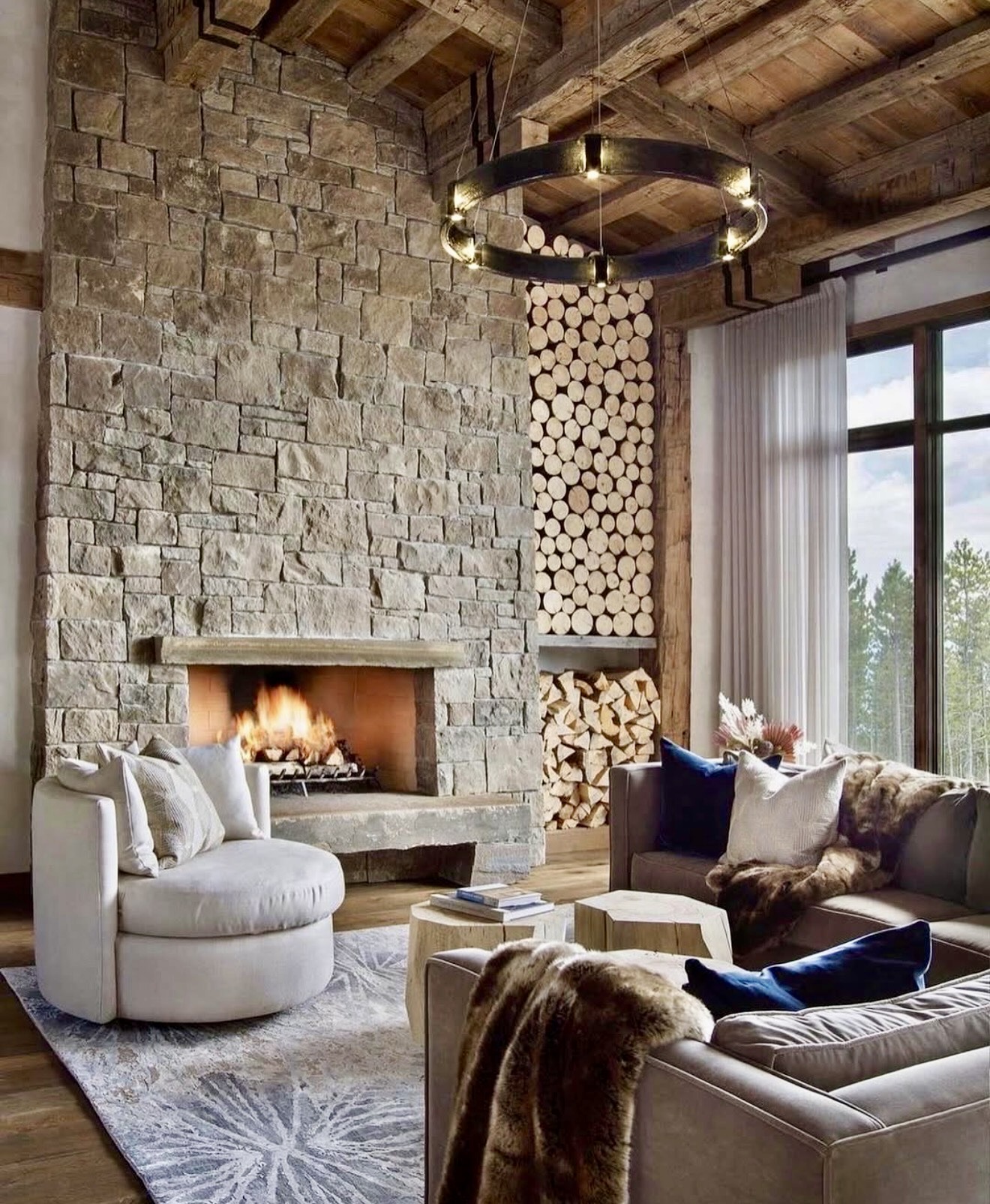 Rustic Stone Fireplace with Cozy Seating