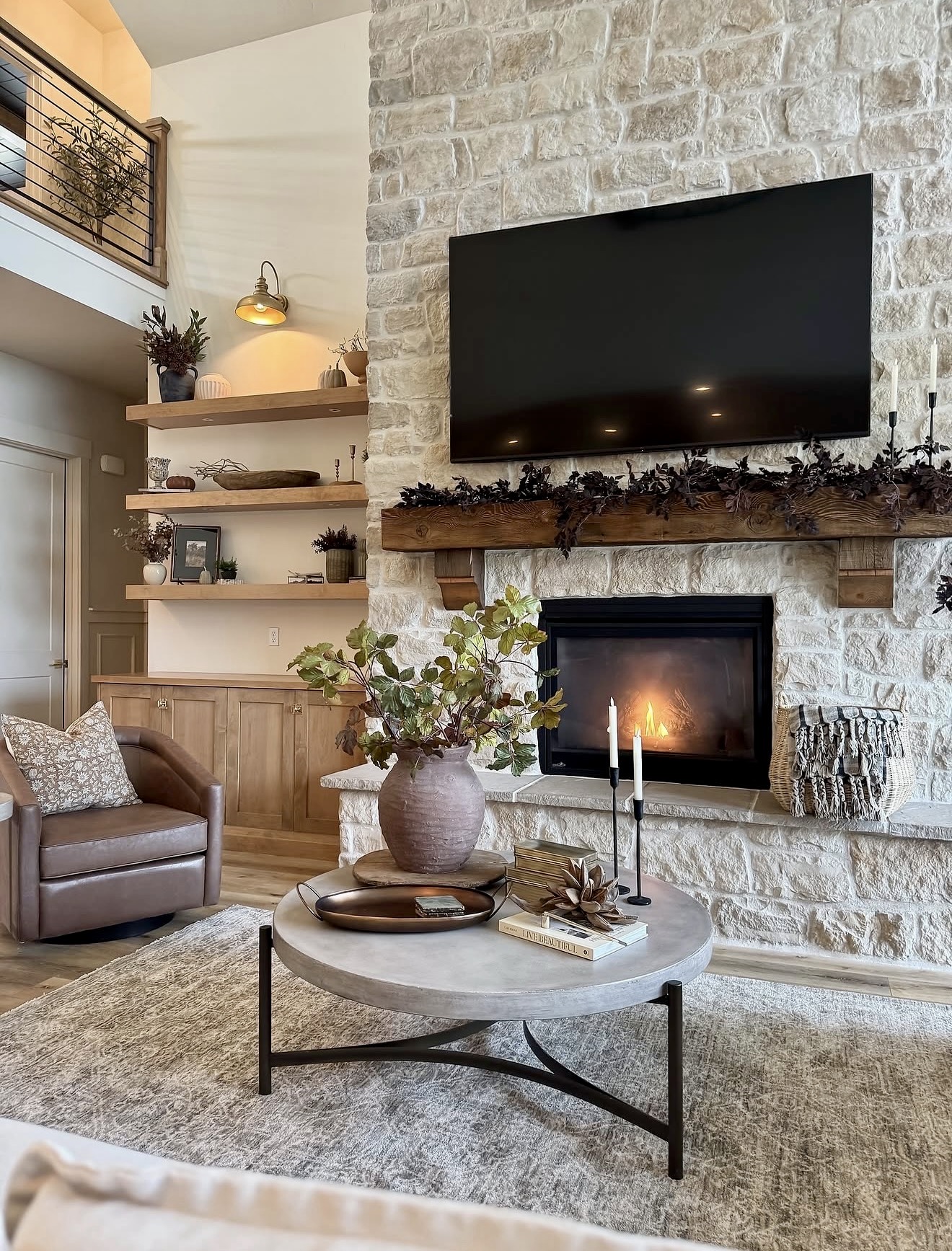 Rustic Stone Fireplace With Modern Touches