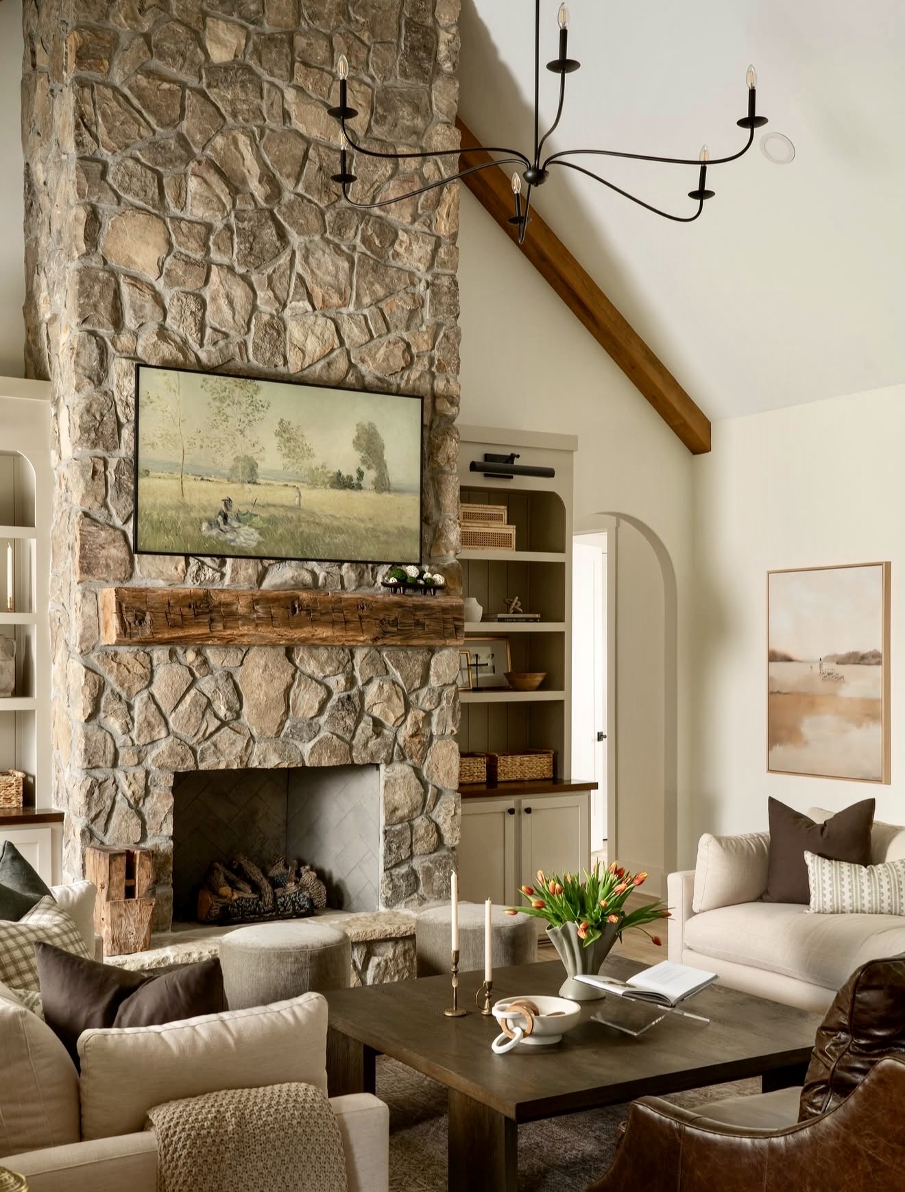 Rustic Stone Fireplace With Natural Wood Mantle