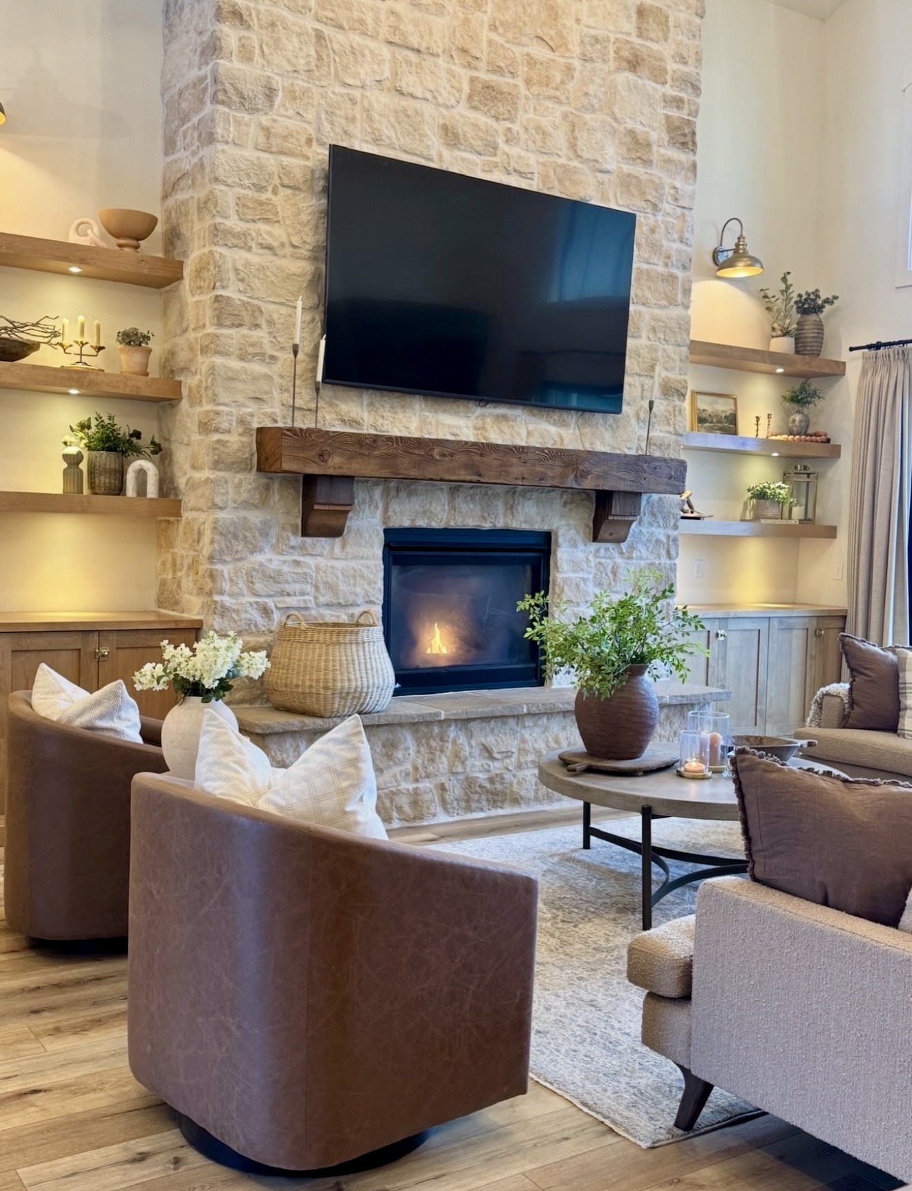 Rustic Stone Fireplace With Warm Wood Accents