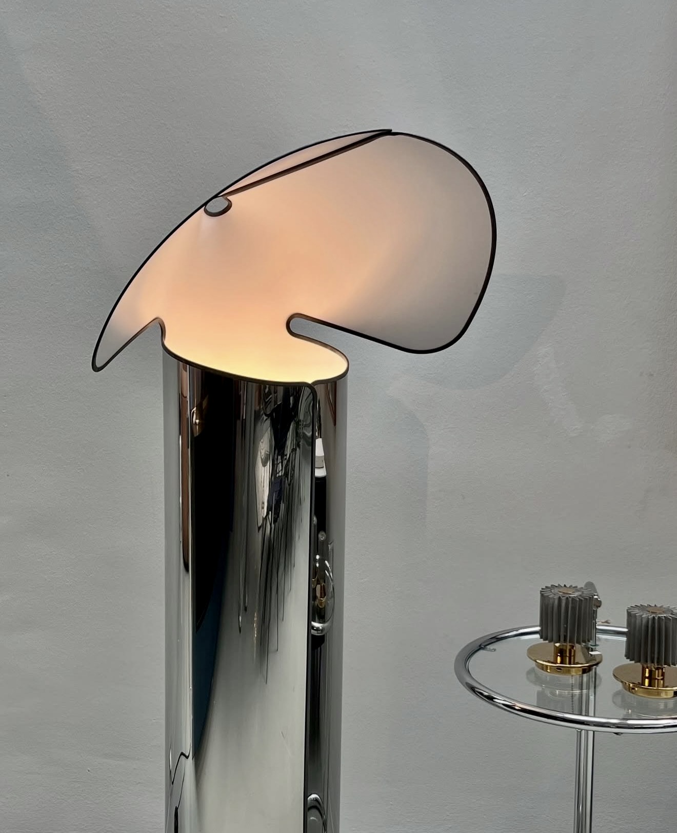 Sculptural Chrome Floor Lamp With Modern Glass Table
