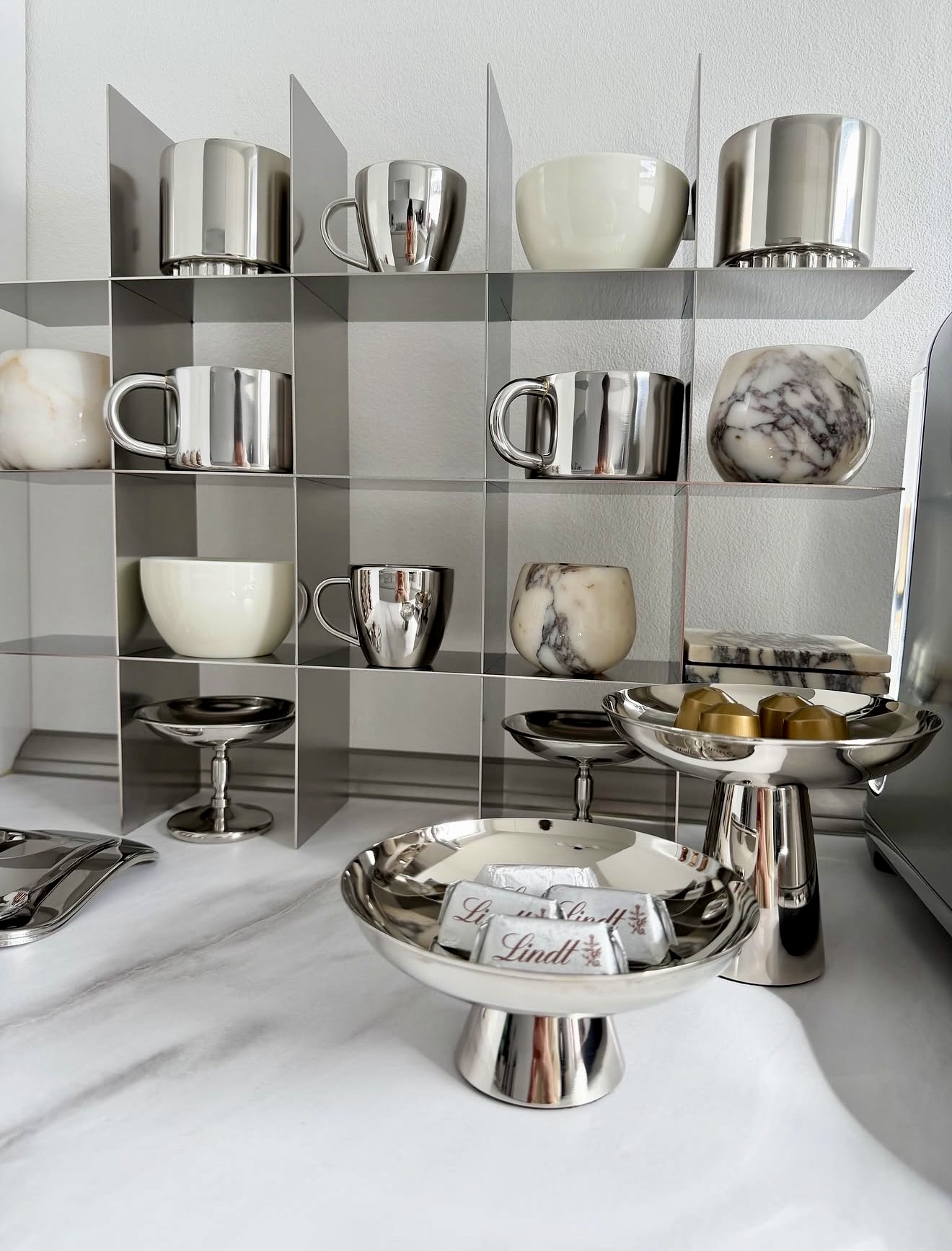 Sleek Chrome Grid Coffee Station Display