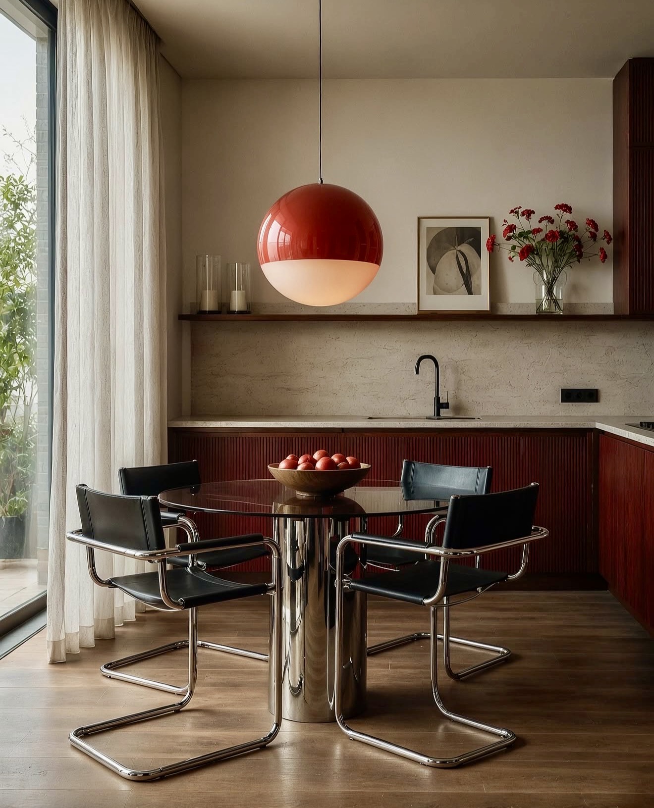 Sophisticated Chrome Dining Nook With Crimson Accents