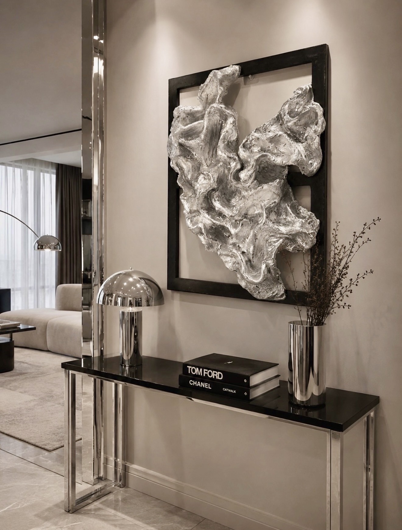 Sophisticated Silver Accents In Minimalist Entryway