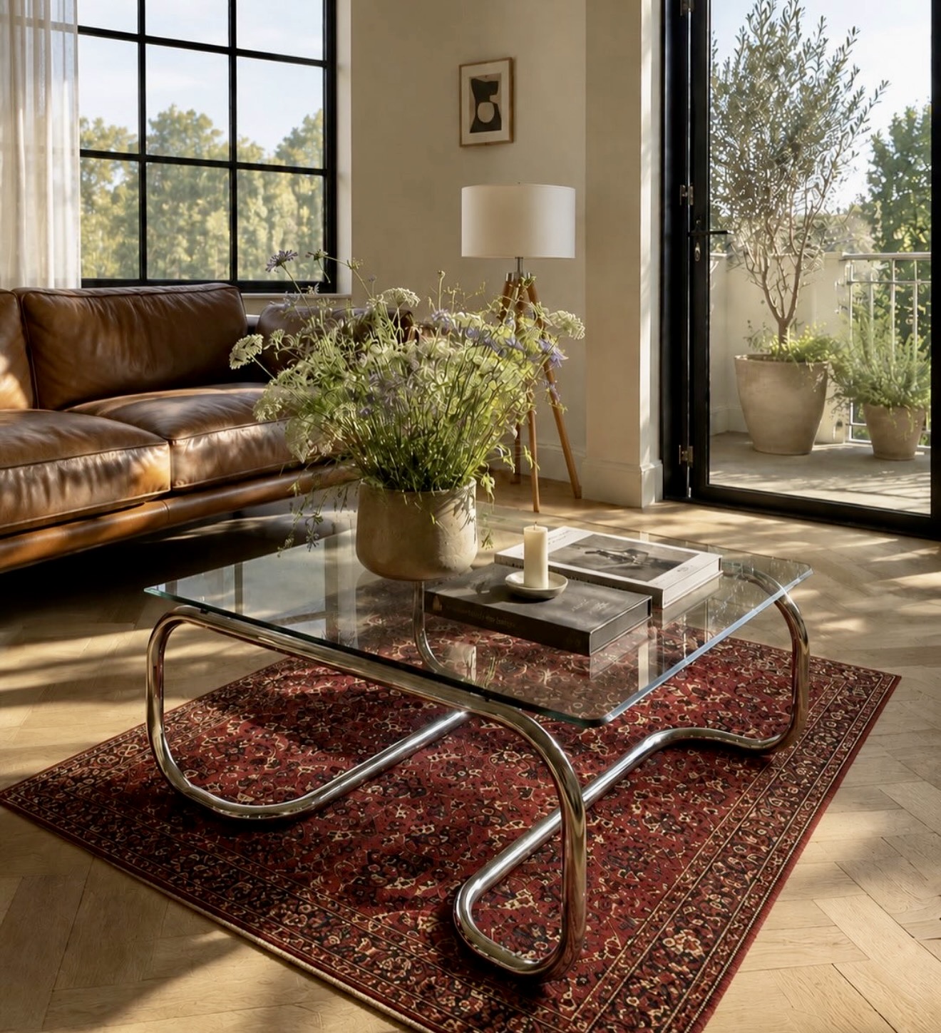 Sun Drenched Living Room With Chrome Coffee Table