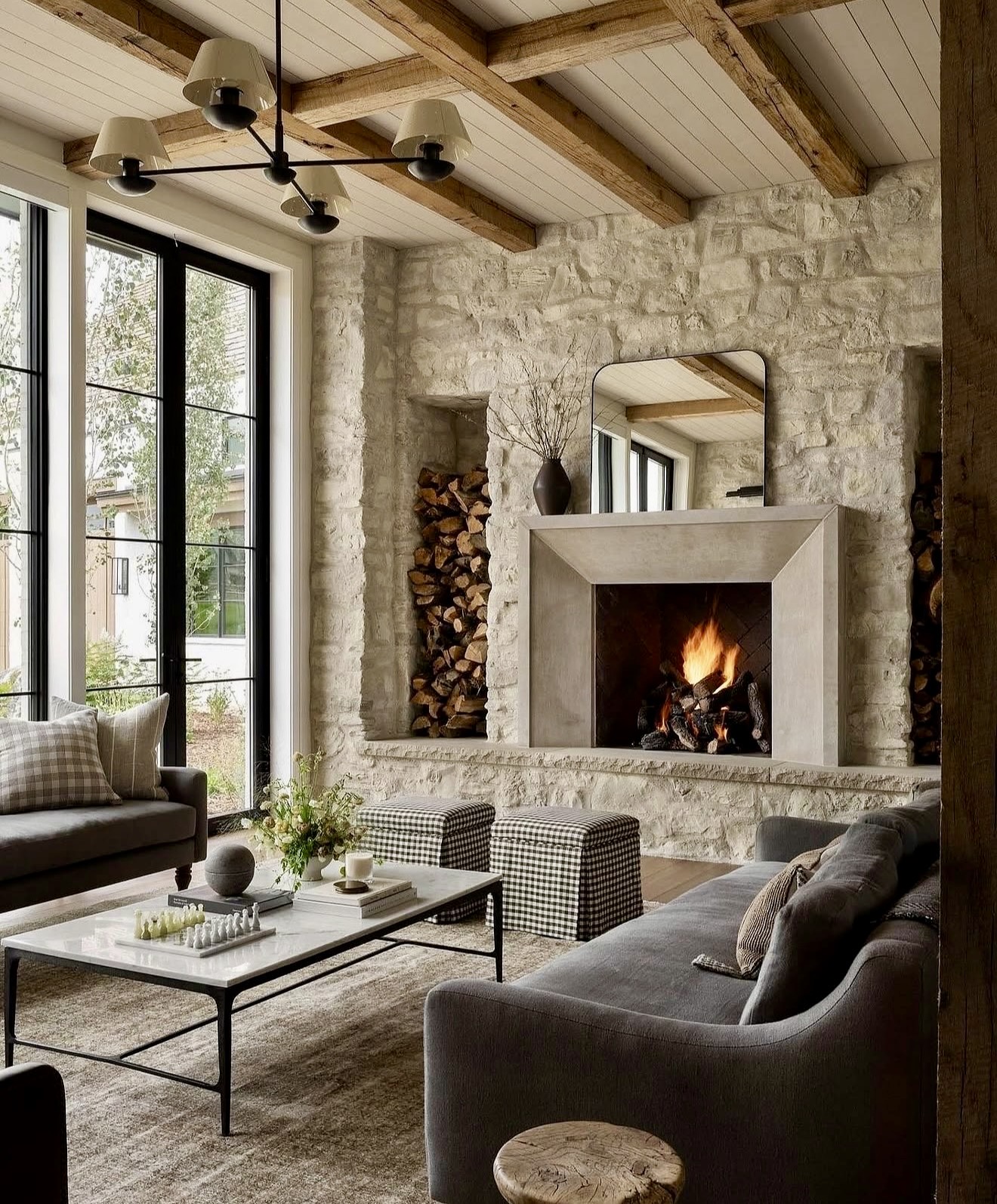 Textured Stone Fireplace With Built In Log Storage