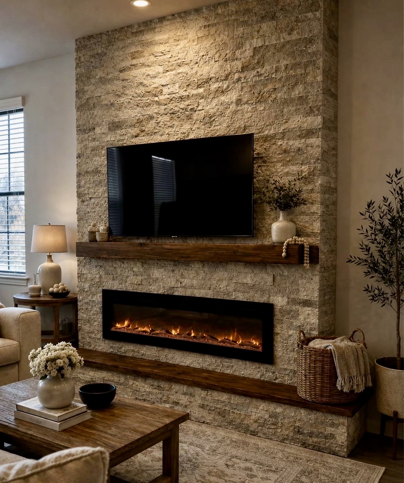 Textured Stone Fireplace With Floating Wood Mantels