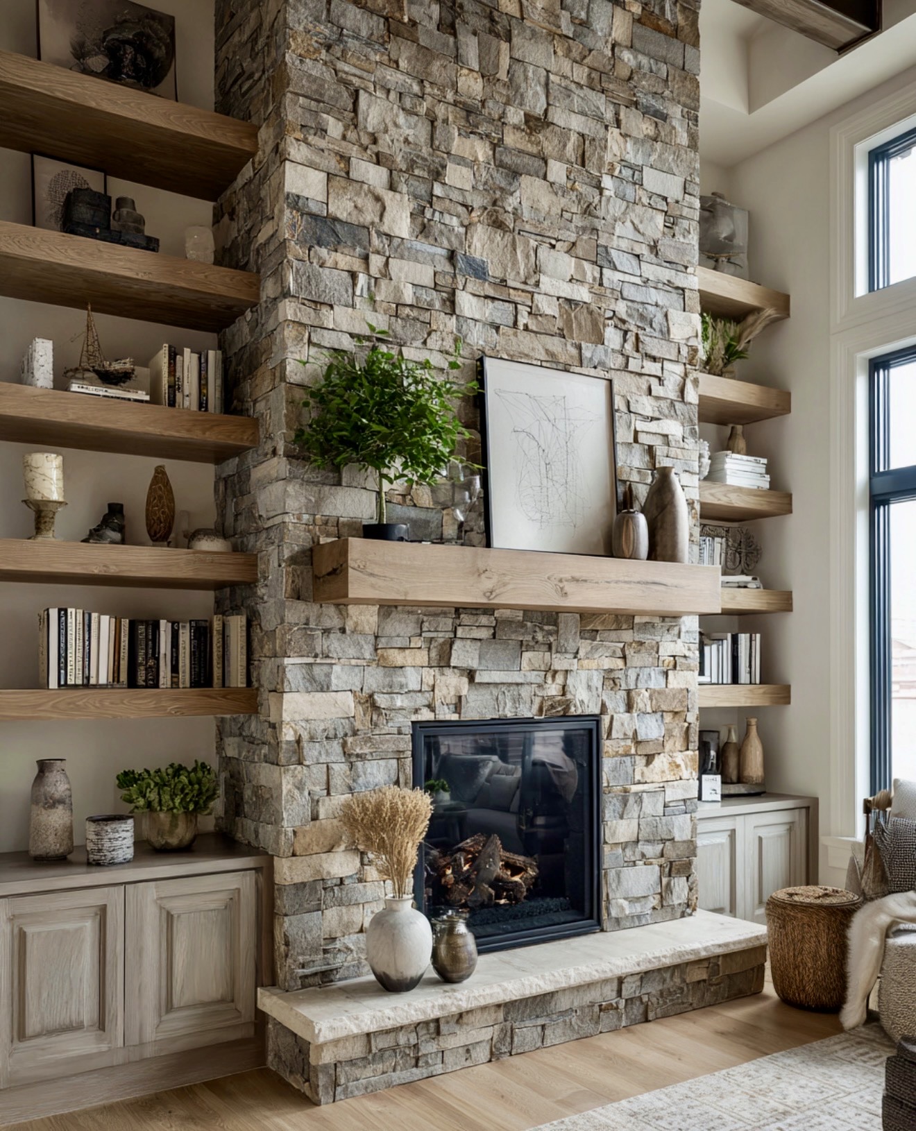 Textured Stone Fireplace With Floating Wood Shelves