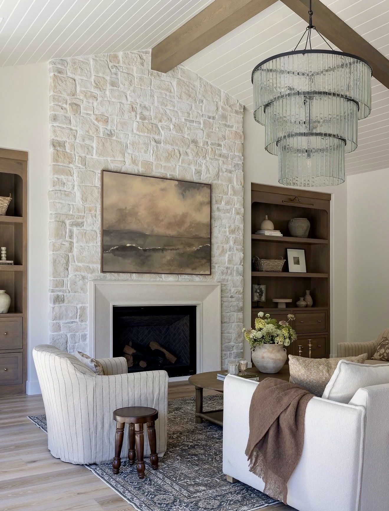 Textured Stone Fireplace With Neutral Tones