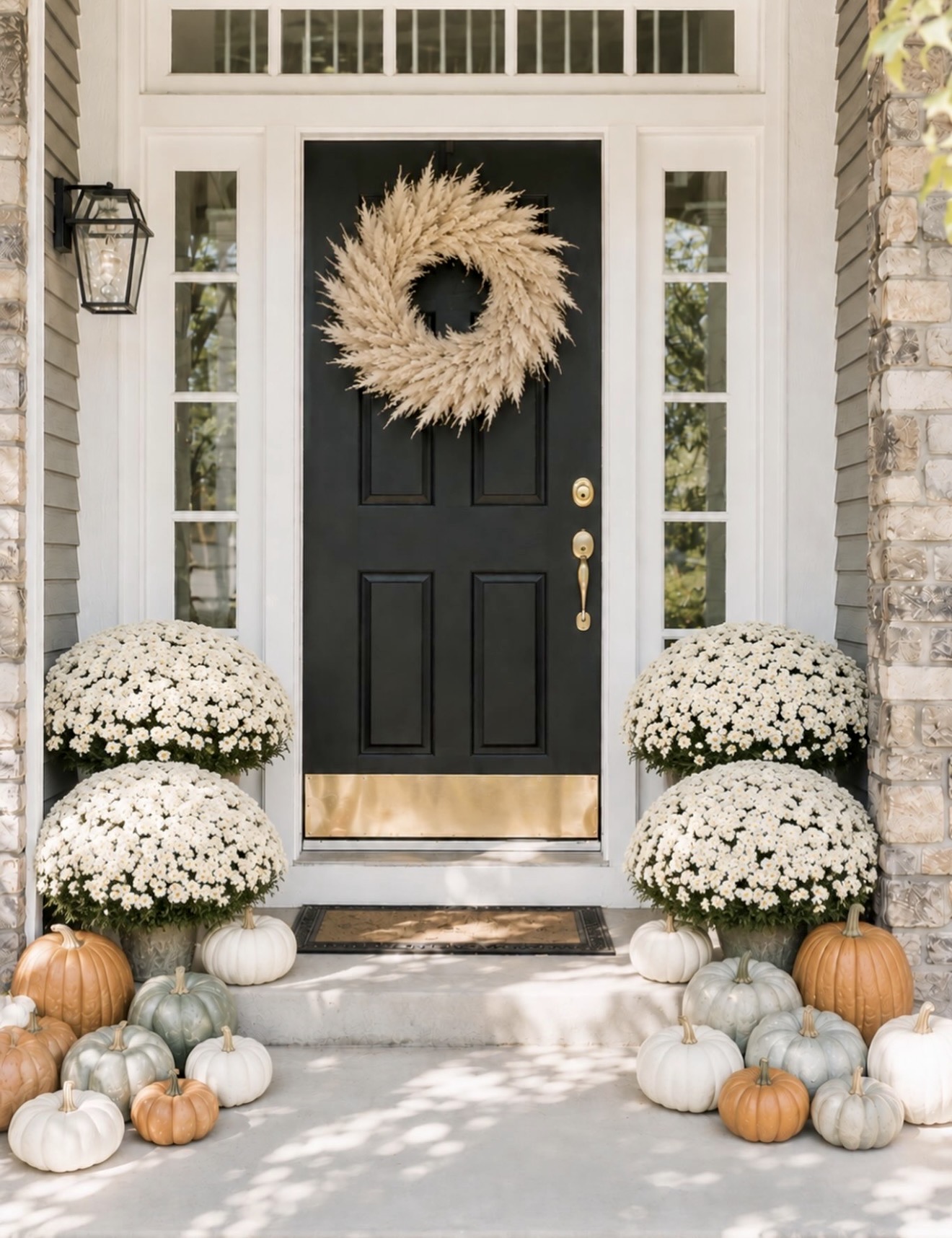 Welcoming Fall Front Porch With Pumpkins And Mums